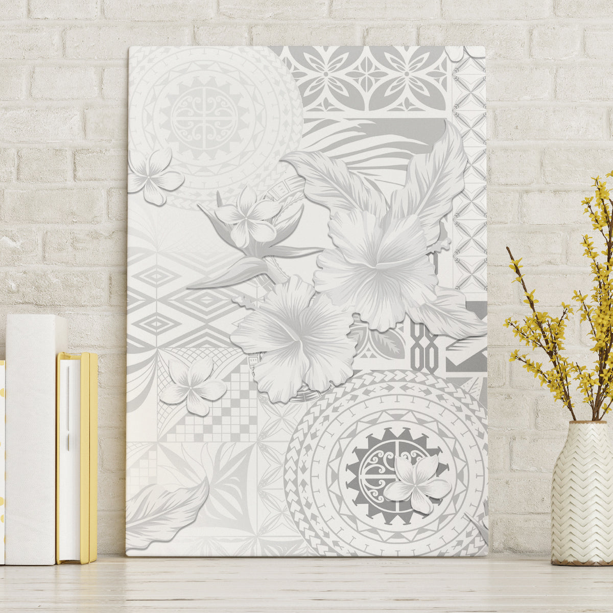 Samoa Siapo Pattern With White Hibiscus Canvas Wall Art