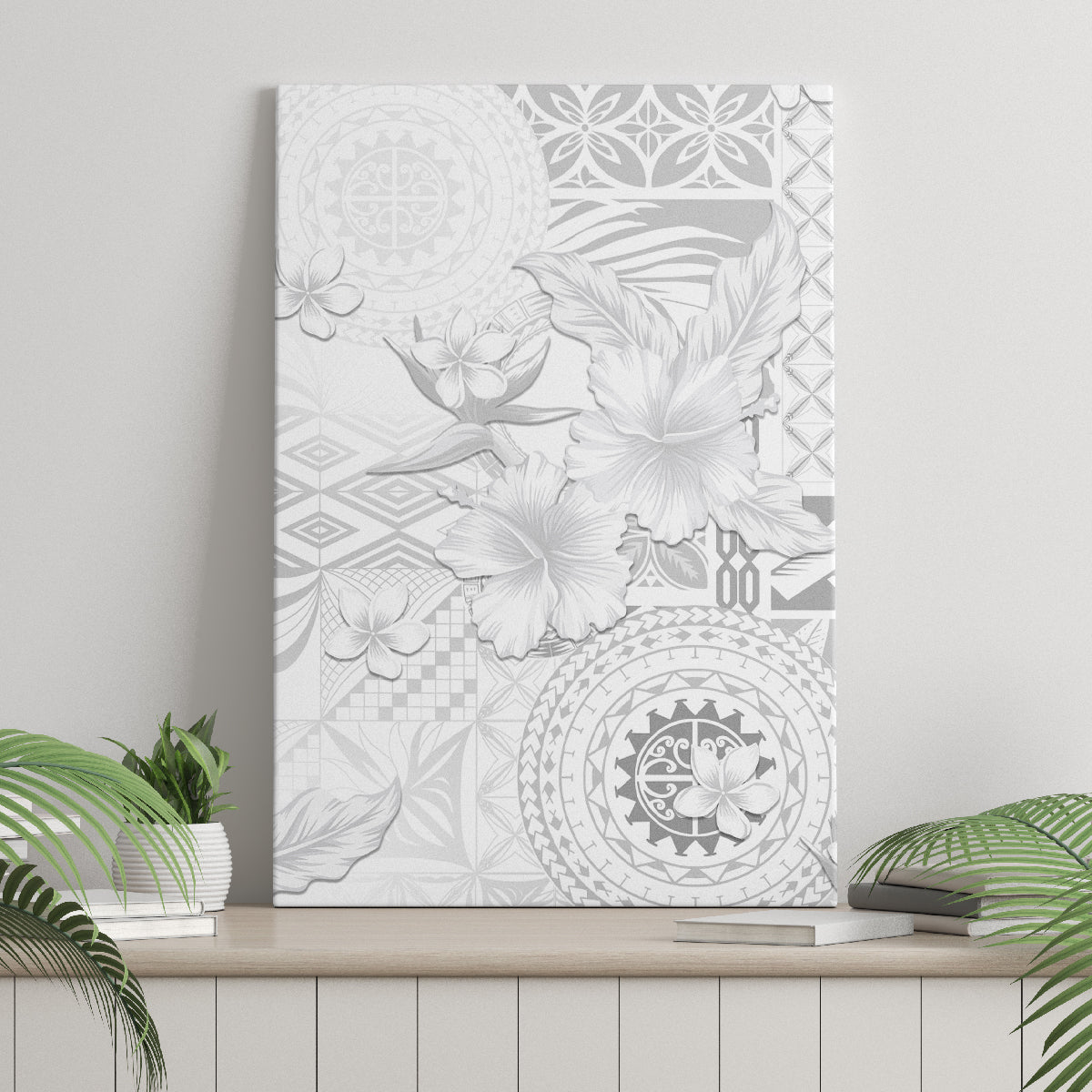 Samoa Siapo Pattern With White Hibiscus Canvas Wall Art LT05 - Polynesian Pride