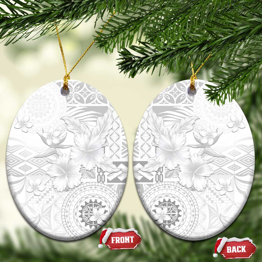Samoa Siapo Pattern With White Hibiscus Ceramic Ornament LT05 Oval White - Polynesian Pride