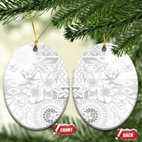 Samoa Siapo Pattern With White Hibiscus Ceramic Ornament LT05 Oval White - Polynesian Pride