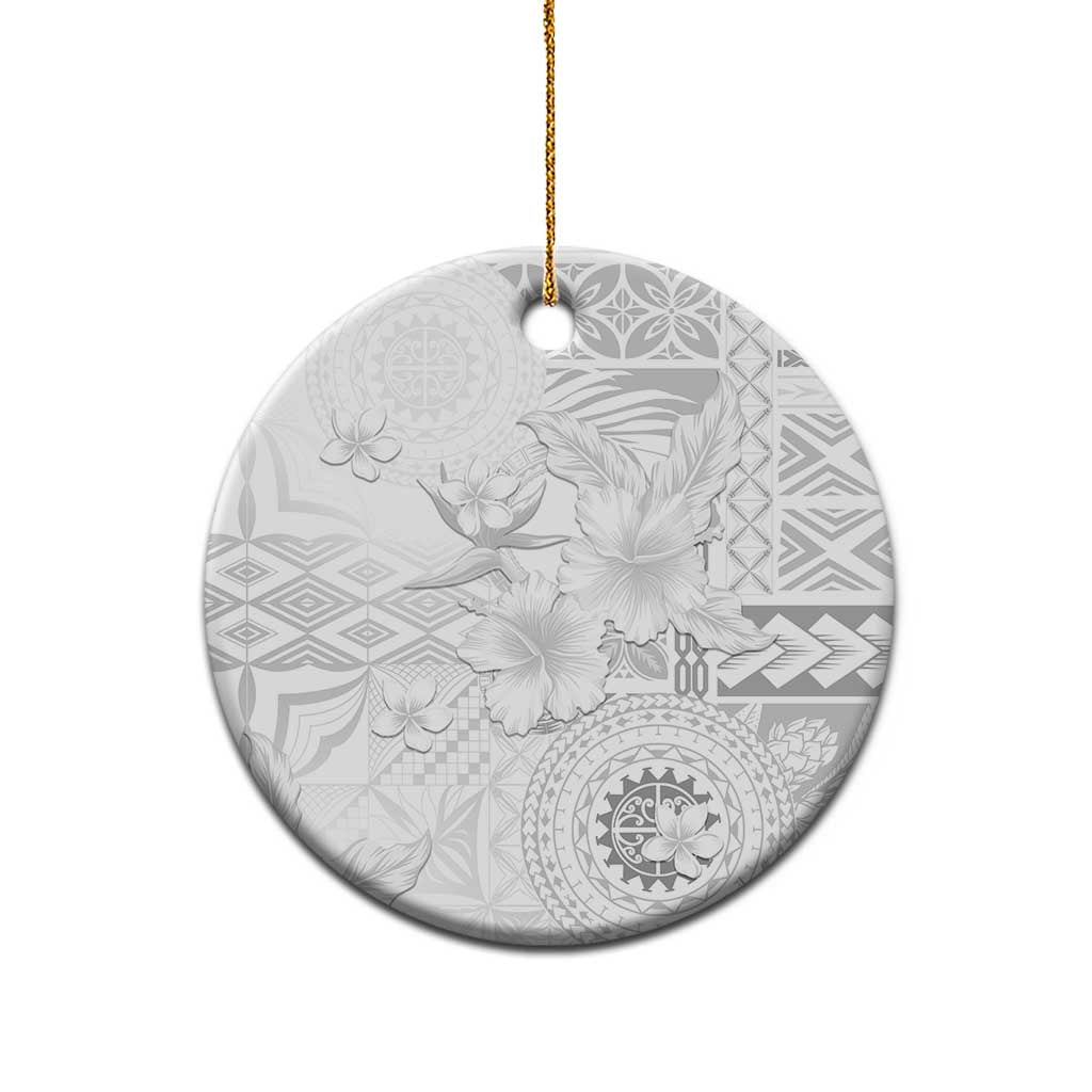 Samoa Siapo Pattern With White Hibiscus Ceramic Ornament LT05 - Polynesian Pride