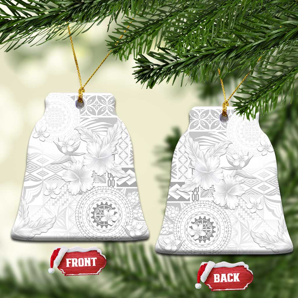 Samoa Siapo Pattern With White Hibiscus Ceramic Ornament LT05 Bell Flake White - Polynesian Pride