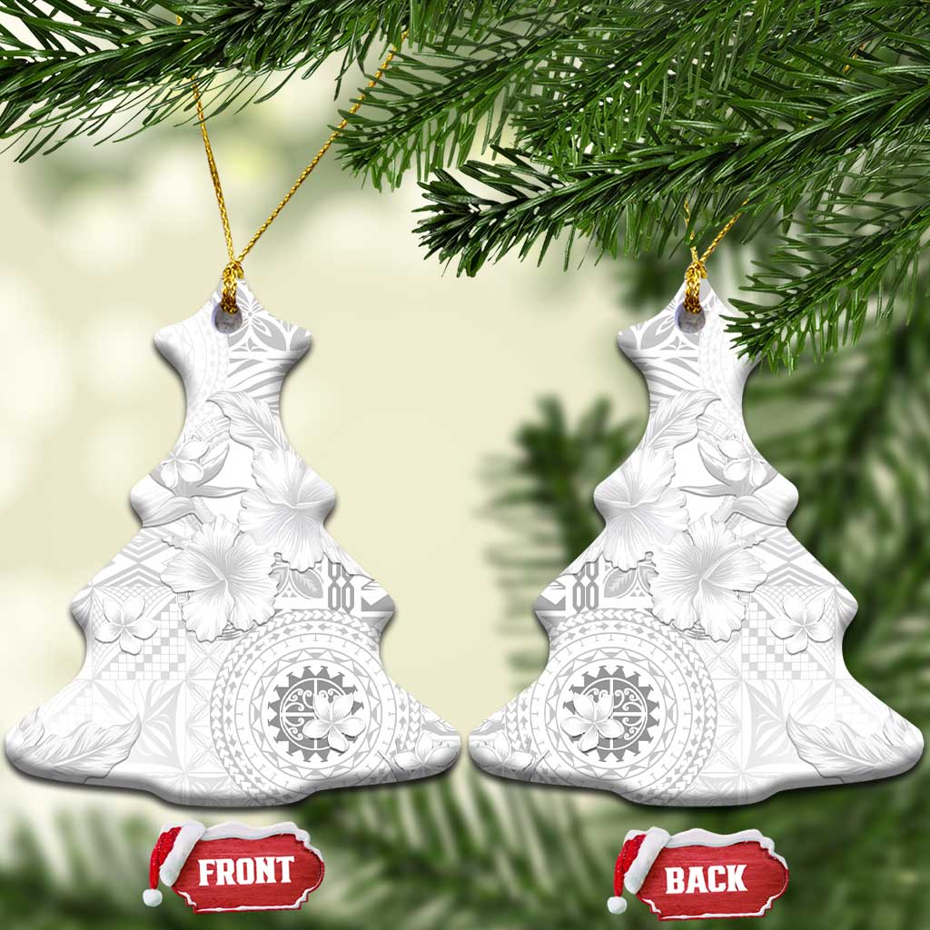 Samoa Siapo Pattern With White Hibiscus Ceramic Ornament LT05 Christmas Tree White - Polynesian Pride