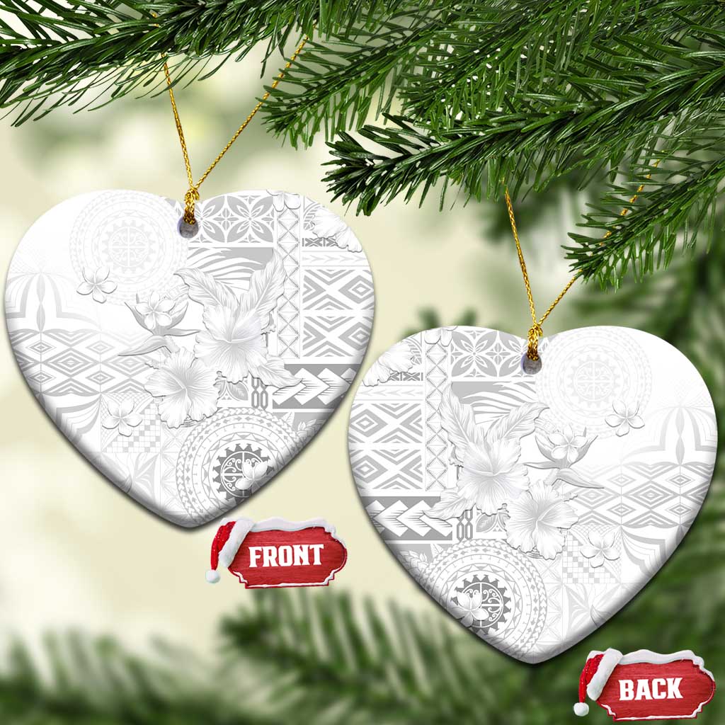 Samoa Siapo Pattern With White Hibiscus Ceramic Ornament LT05 Heart White - Polynesian Pride