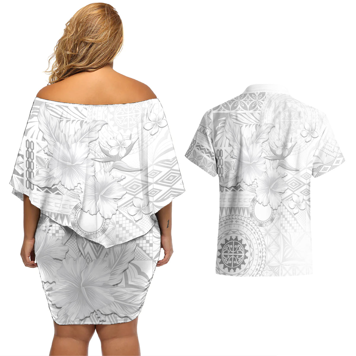 Samoa Siapo Pattern With White Hibiscus Couples Matching Off Shoulder Short Dress and Hawaiian Shirt LT05 - Polynesian Pride