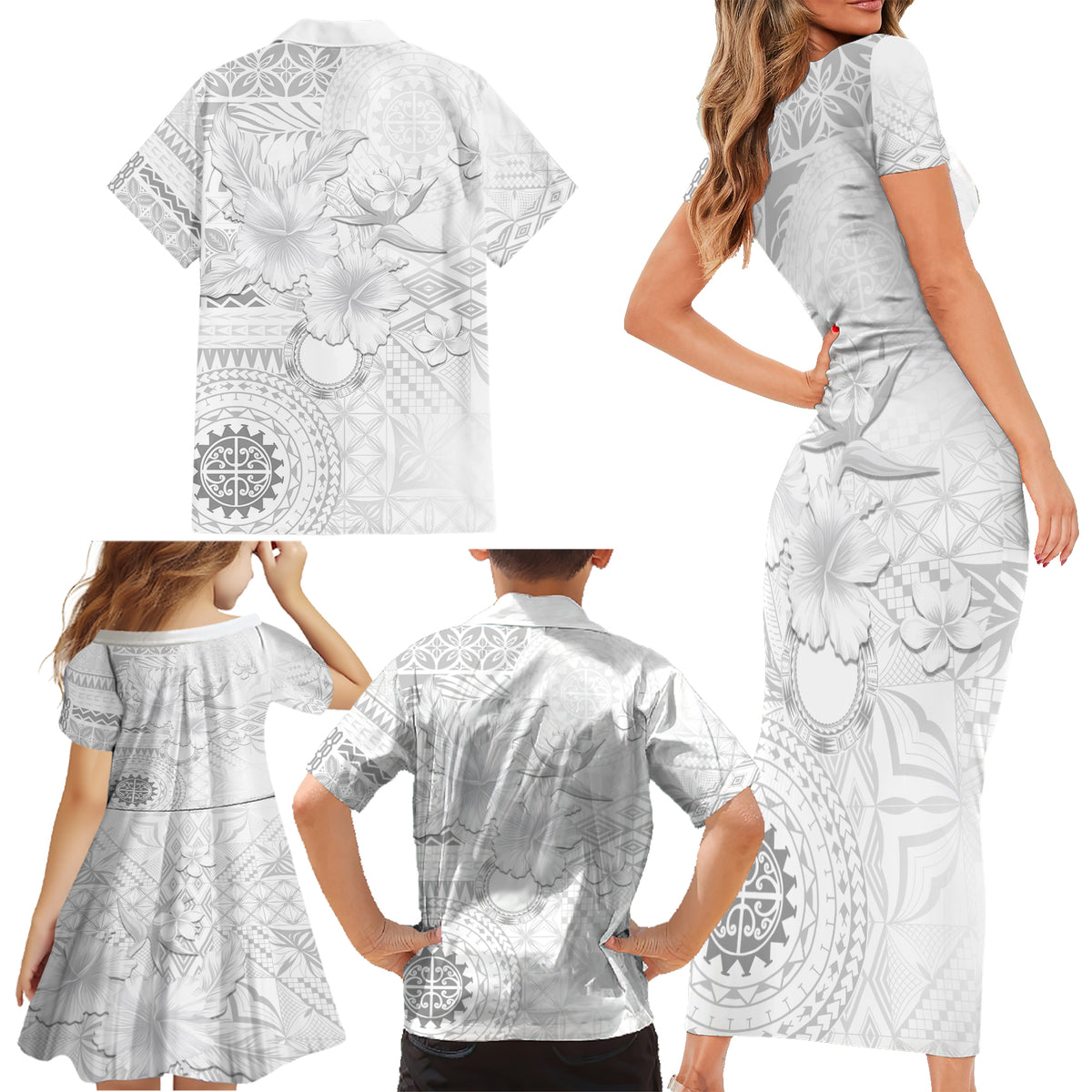 Samoa Siapo Pattern With White Hibiscus Family Matching Short Sleeve Bodycon Dress and Hawaiian Shirt LT05 - Polynesian Pride