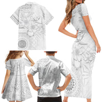 Samoa Siapo Pattern With White Hibiscus Family Matching Short Sleeve Bodycon Dress and Hawaiian Shirt LT05 - Polynesian Pride