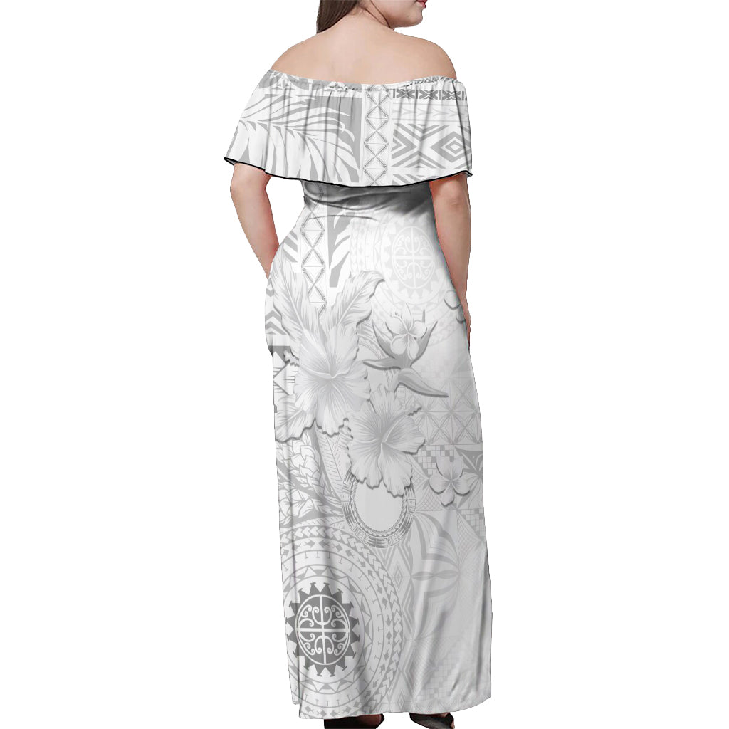 Samoa Siapo Pattern With White Hibiscus Off Shoulder Maxi Dress LT05 - Polynesian Pride
