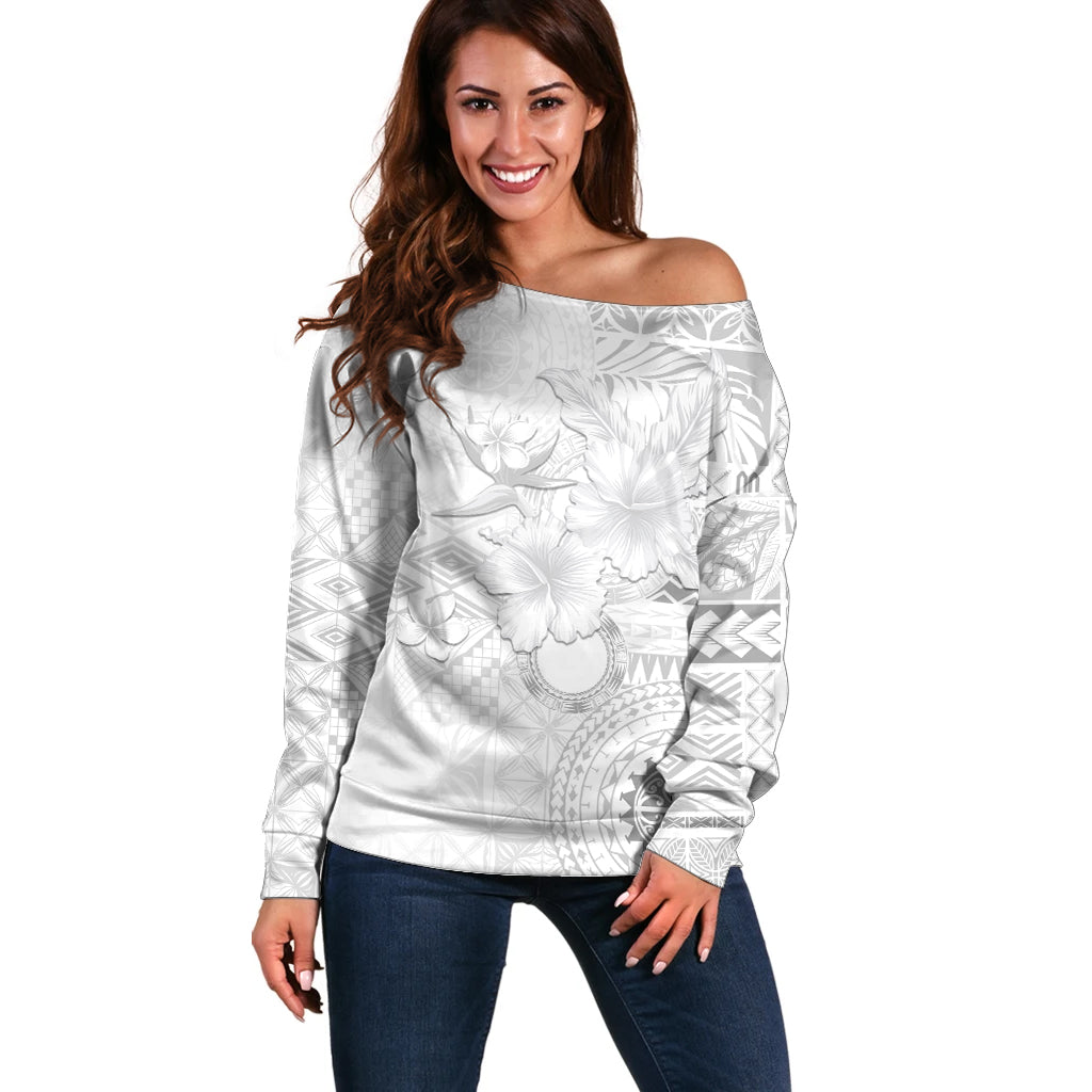 Samoa Siapo Pattern With White Hibiscus Off Shoulder Sweater LT05 Women White - Polynesian Pride