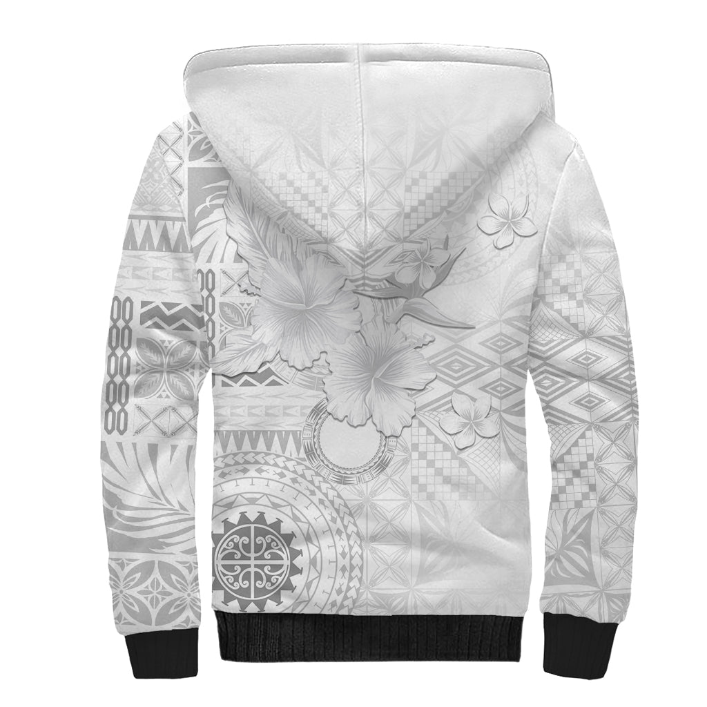 Samoa Siapo Pattern With White Hibiscus Sherpa Hoodie LT05 - Polynesian Pride