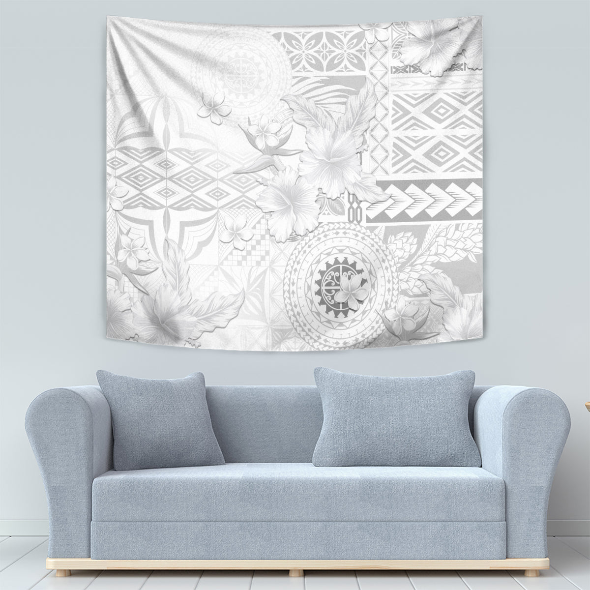 Samoa Siapo Pattern With White Hibiscus Tapestry