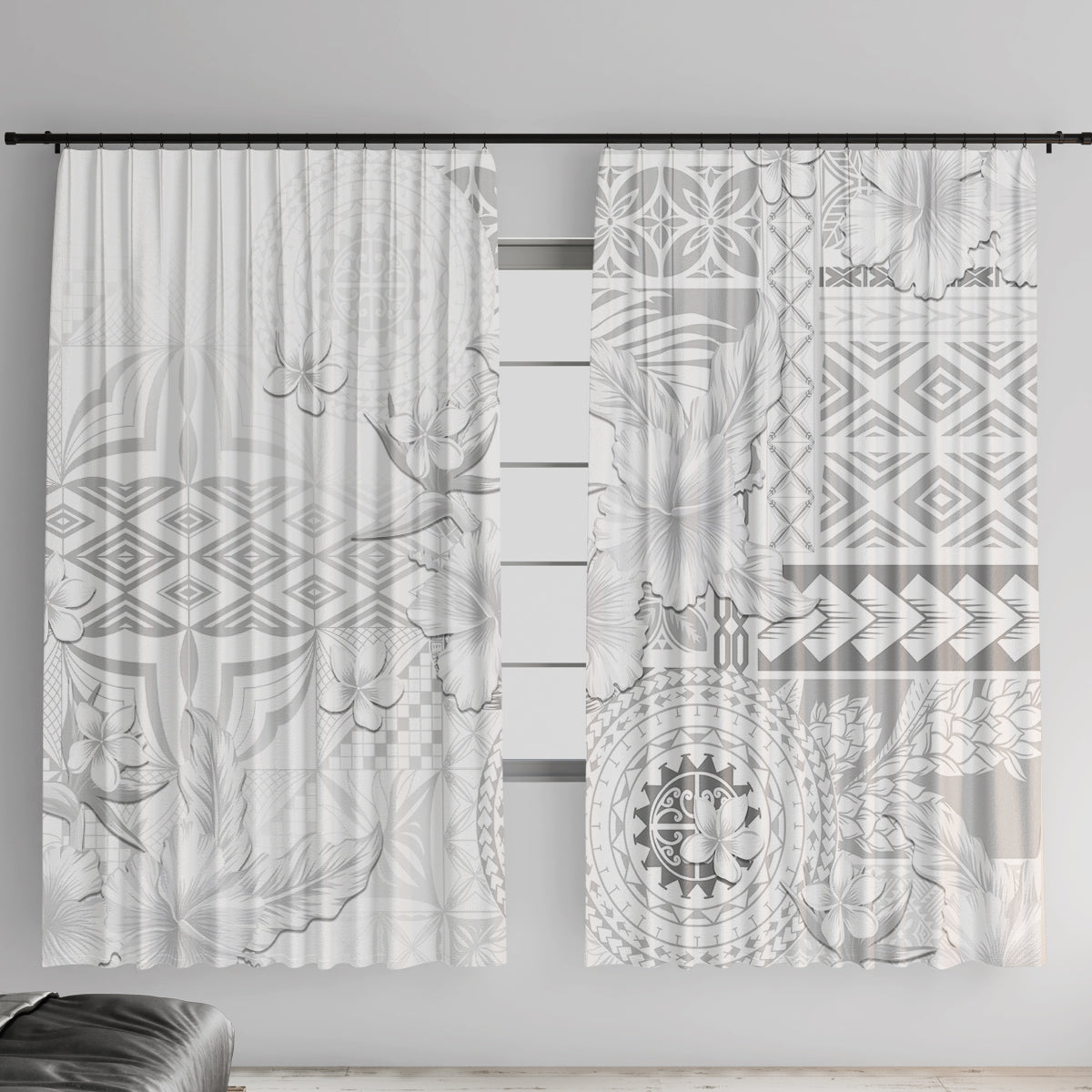 Samoa Siapo Pattern With White Hibiscus Window Curtain LT05 With Hooks White - Polynesian Pride