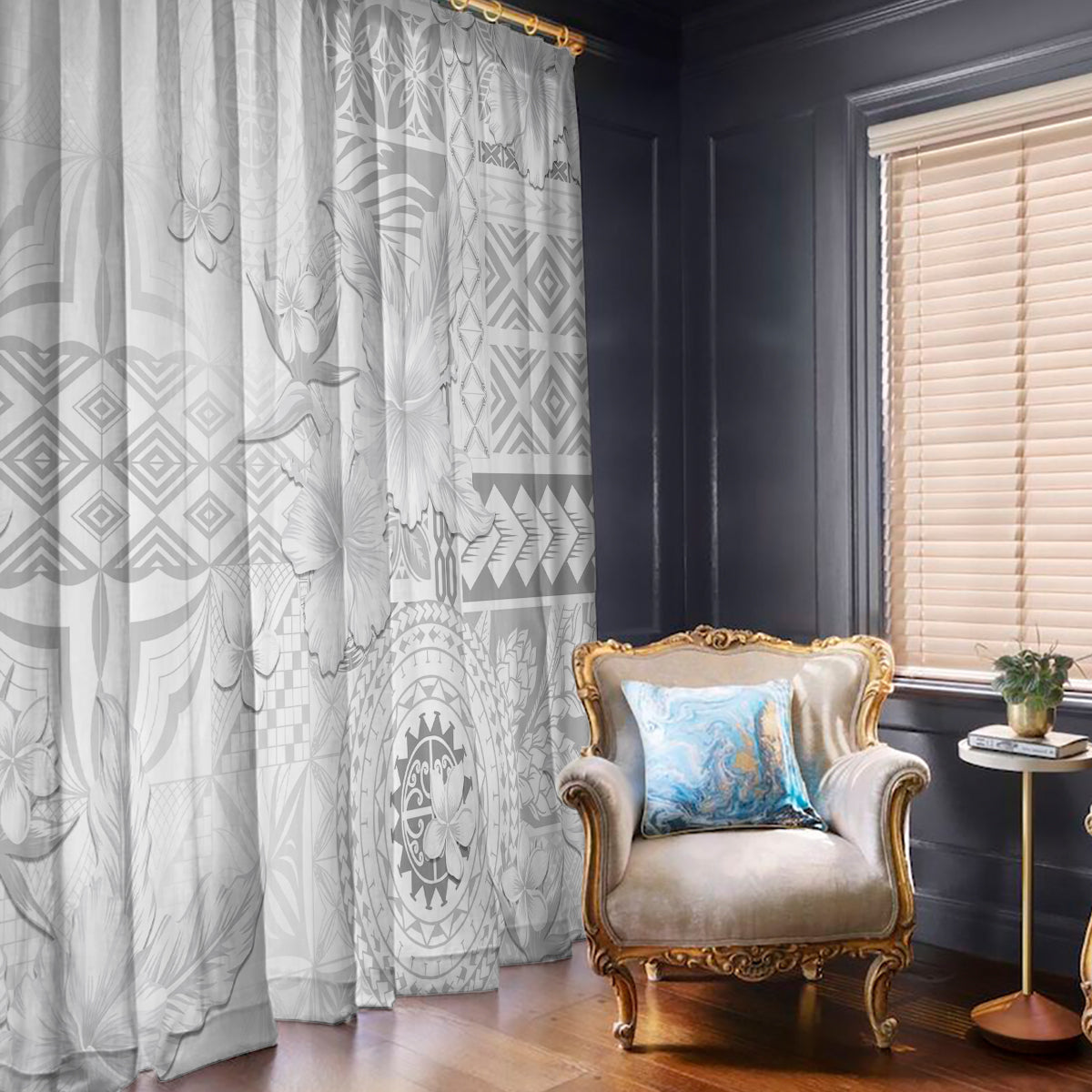 Samoa Siapo Pattern With White Hibiscus Window Curtain LT05 - Polynesian Pride