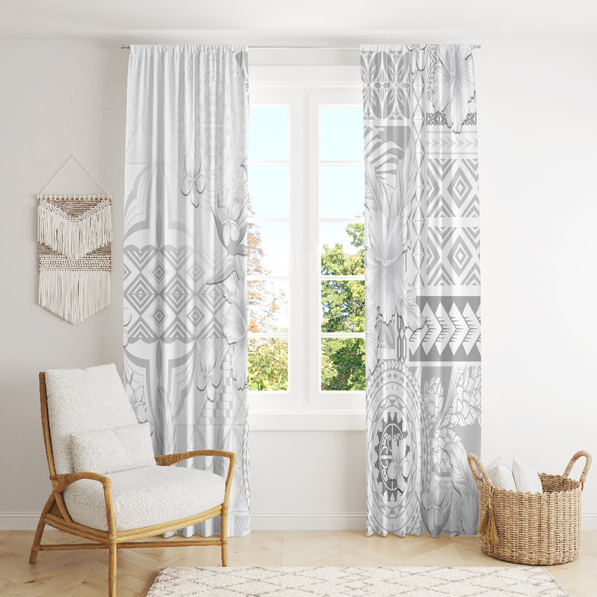 Samoa Siapo Pattern With White Hibiscus Window Curtain LT05 - Polynesian Pride