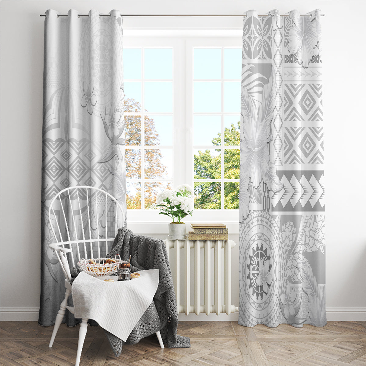 Samoa Siapo Pattern With White Hibiscus Window Curtain LT05 - Polynesian Pride