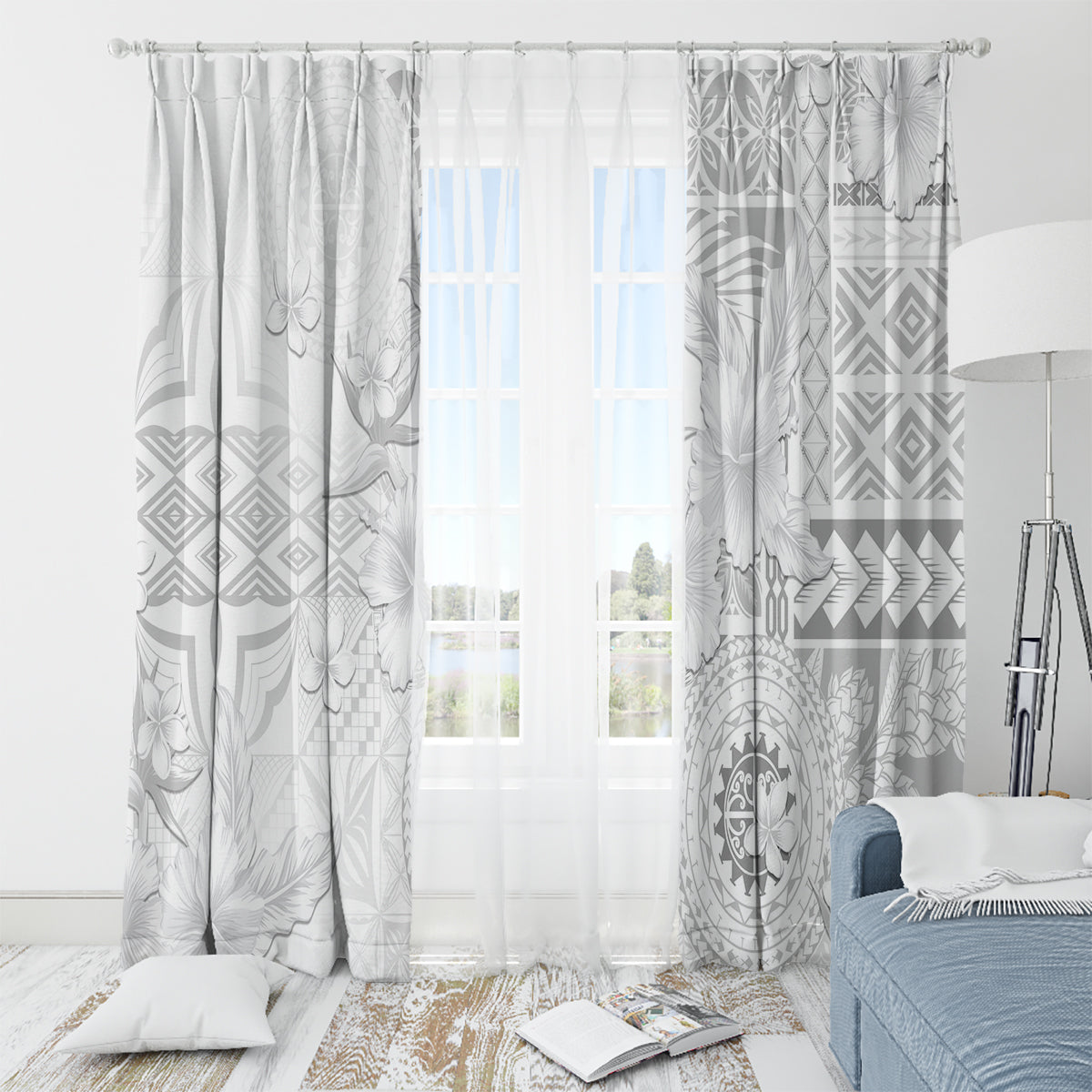 Samoa Siapo Pattern With White Hibiscus Window Curtain LT05 - Polynesian Pride