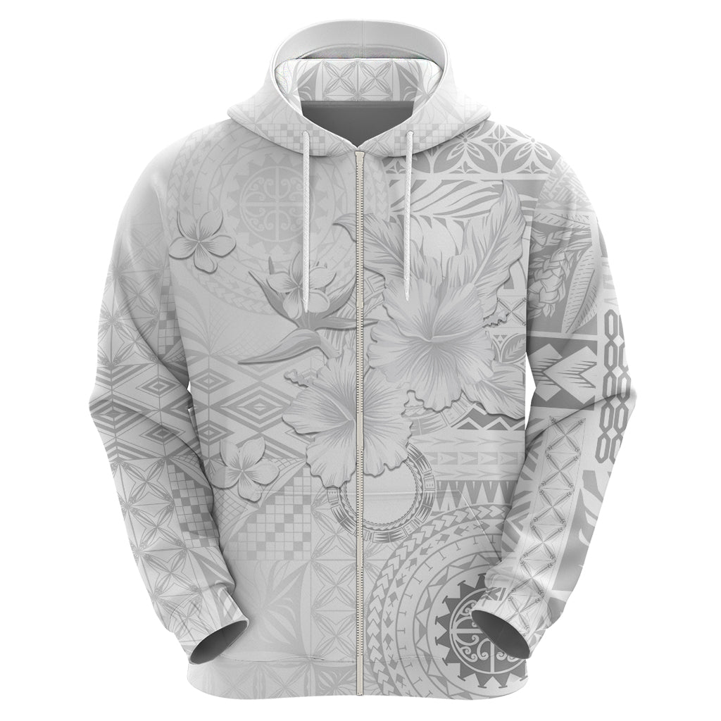 Samoa Siapo Pattern With White Hibiscus Zip Hoodie LT05 - Polynesian Pride