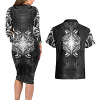 New Zealand Matariki Couples Matching Long Sleeve Bodycon Dress and Hawaiian Shirt Maori Moko Black Galaxy LT05 - Polynesian Pride