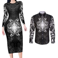 New Zealand Matariki Couples Matching Long Sleeve Bodycon Dress and Long Sleeve Button Shirt Maori Moko Black Galaxy