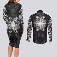 New Zealand Matariki Couples Matching Long Sleeve Bodycon Dress and Long Sleeve Button Shirt Maori Moko Black Galaxy