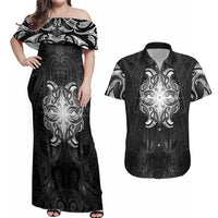 New Zealand Matariki Couples Matching Off Shoulder Maxi Dress and Hawaiian Shirt Maori Moko Black Galaxy