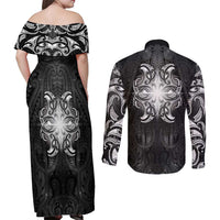 New Zealand Matariki Couples Matching Off Shoulder Maxi Dress and Long Sleeve Button Shirt Maori Moko Black Galaxy LT05 - Polynesian Pride