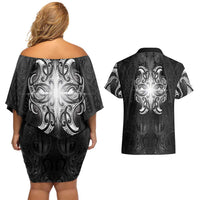 New Zealand Matariki Couples Matching Off Shoulder Short Dress and Hawaiian Shirt Maori Moko Black Galaxy