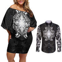 New Zealand Matariki Couples Matching Off Shoulder Short Dress and Long Sleeve Button Shirt Maori Moko Black Galaxy LT05 Black - Polynesian Pride