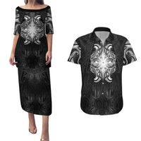 New Zealand Matariki Couples Matching Puletasi and Hawaiian Shirt Maori Moko Black Galaxy LT05 Black - Polynesian Pride