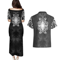 New Zealand Matariki Couples Matching Puletasi and Hawaiian Shirt Maori Moko Black Galaxy LT05 - Polynesian Pride