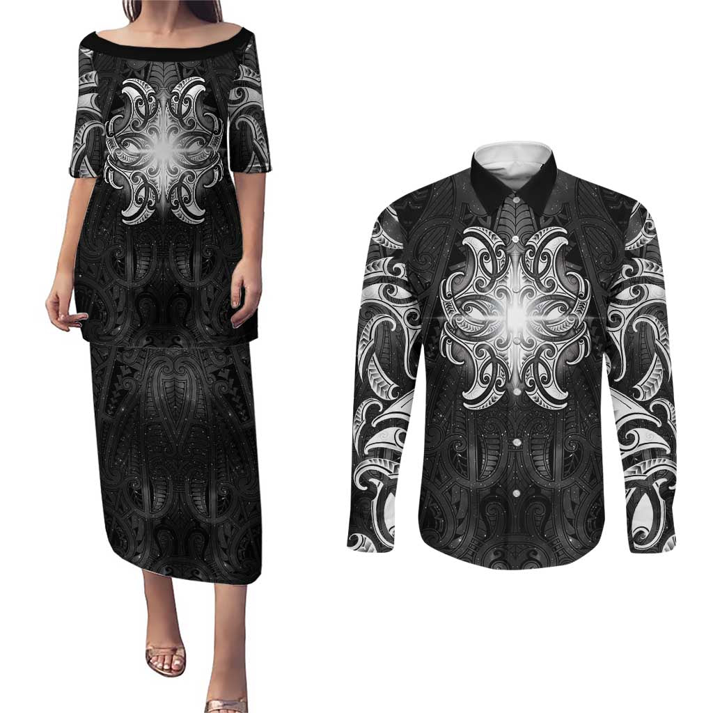 New Zealand Matariki Couples Matching Puletasi and Long Sleeve Button Shirt Maori Moko Black Galaxy LT05 Black - Polynesian Pride
