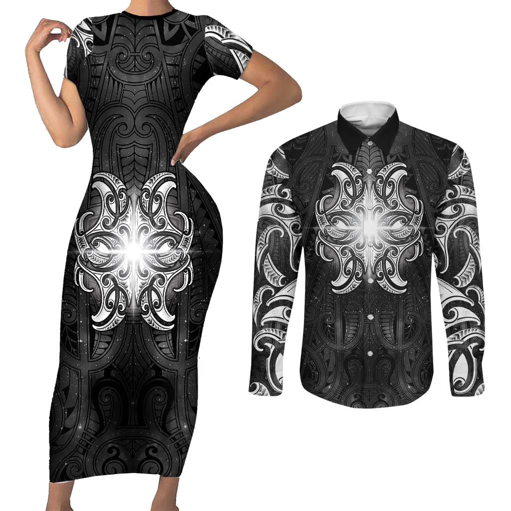 New Zealand Matariki Couples Matching Short Sleeve Bodycon Dress and Long Sleeve Button Shirt Maori Moko Black Galaxy