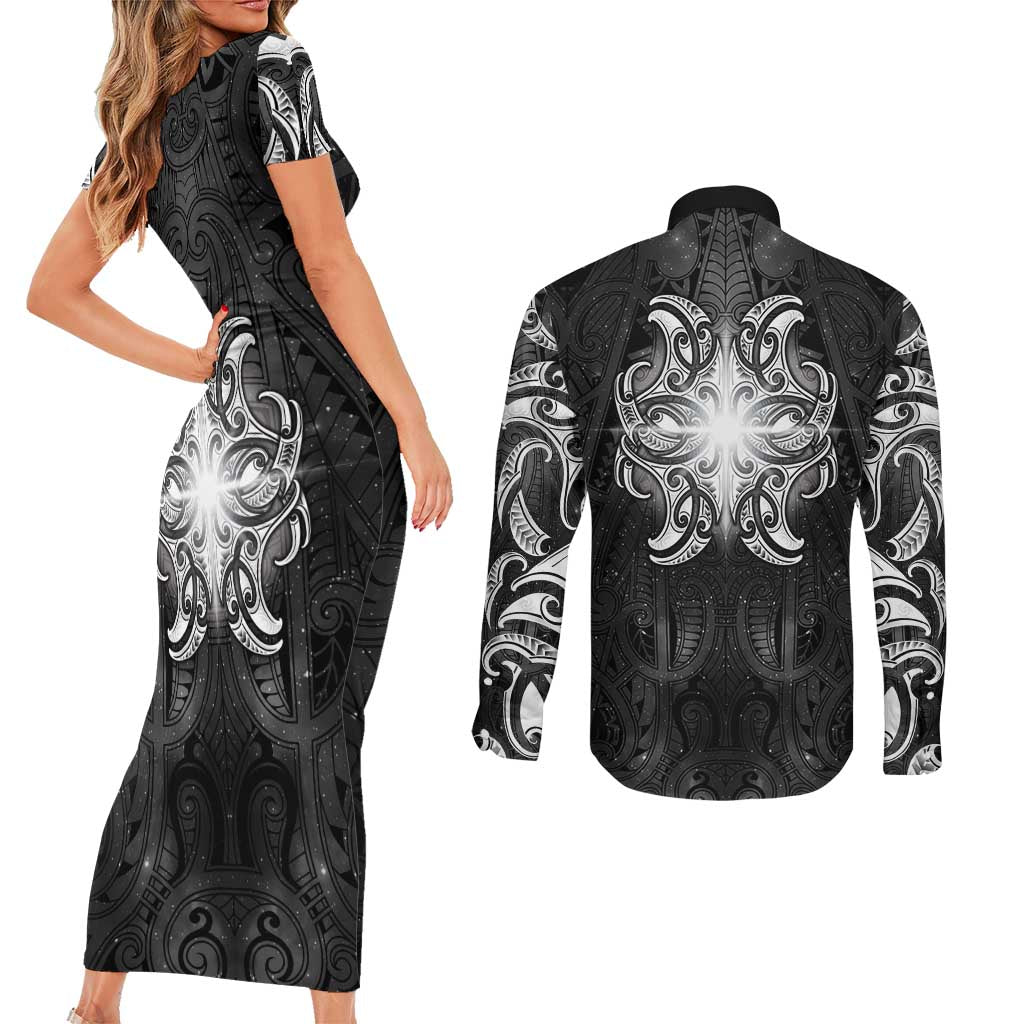 New Zealand Matariki Couples Matching Short Sleeve Bodycon Dress and Long Sleeve Button Shirt Maori Moko Black Galaxy