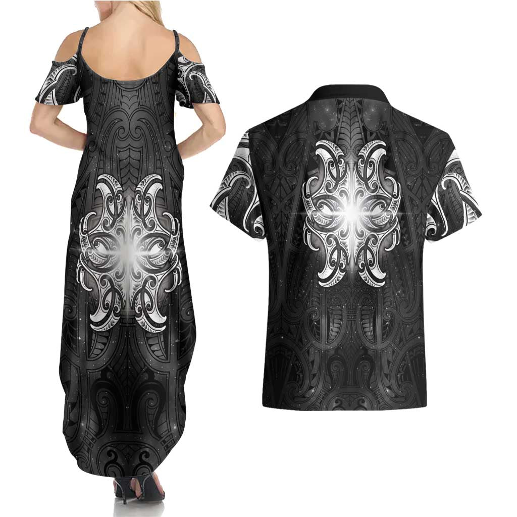 New Zealand Matariki Couples Matching Summer Maxi Dress and Hawaiian Shirt Maori Moko Black Galaxy