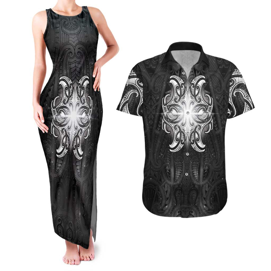 New Zealand Matariki Couples Matching Tank Maxi Dress and Hawaiian Shirt Maori Moko Black Galaxy