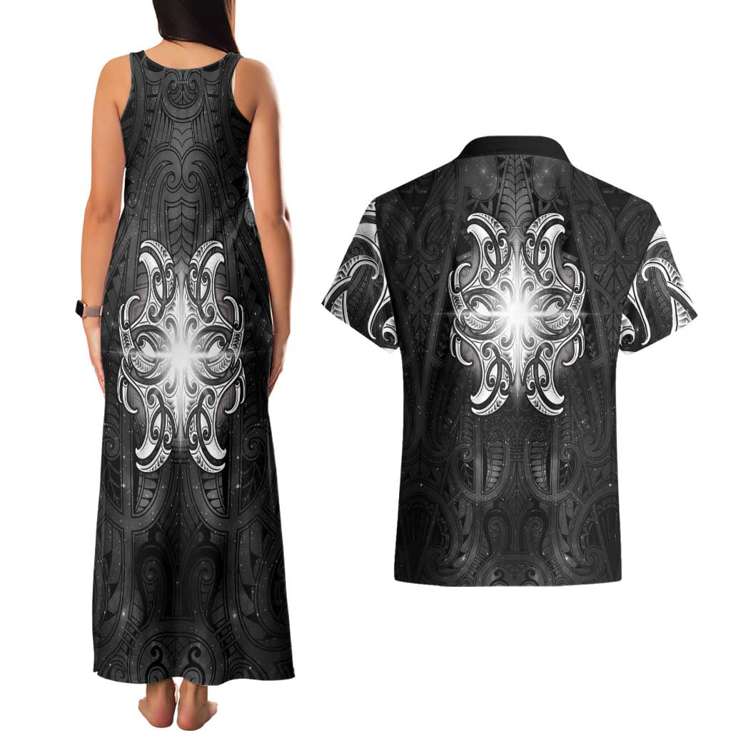 New Zealand Matariki Couples Matching Tank Maxi Dress and Hawaiian Shirt Maori Moko Black Galaxy