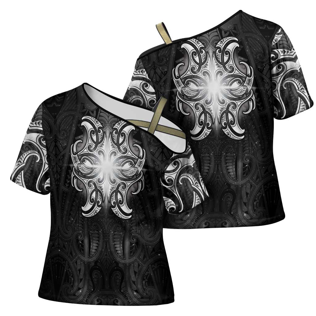New Zealand Matariki Cross Shoulder Shirt Maori Moko Black Galaxy