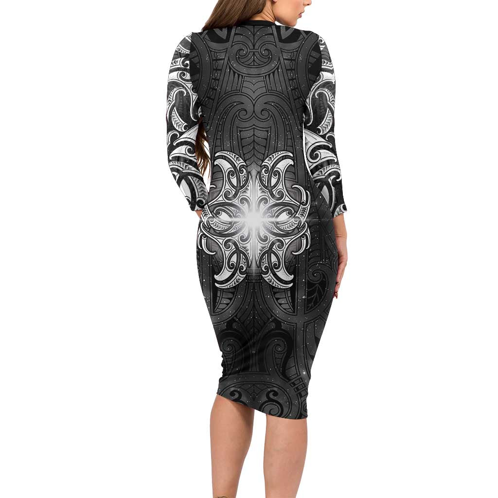 New Zealand Matariki Family Matching Long Sleeve Bodycon Dress and Hawaiian Shirt Maori Moko Black Galaxy LT05 - Polynesian Pride