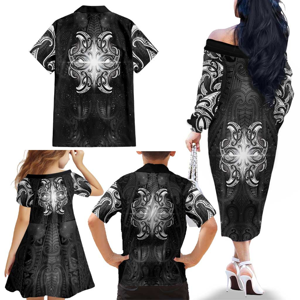 New Zealand Matariki Family Matching Off The Shoulder Long Sleeve Dress and Hawaiian Shirt Maori Moko Black Galaxy LT05 - Polynesian Pride
