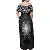 New Zealand Matariki Family Matching Off Shoulder Maxi Dress and Hawaiian Shirt Maori Moko Black Galaxy LT05 - Polynesian Pride