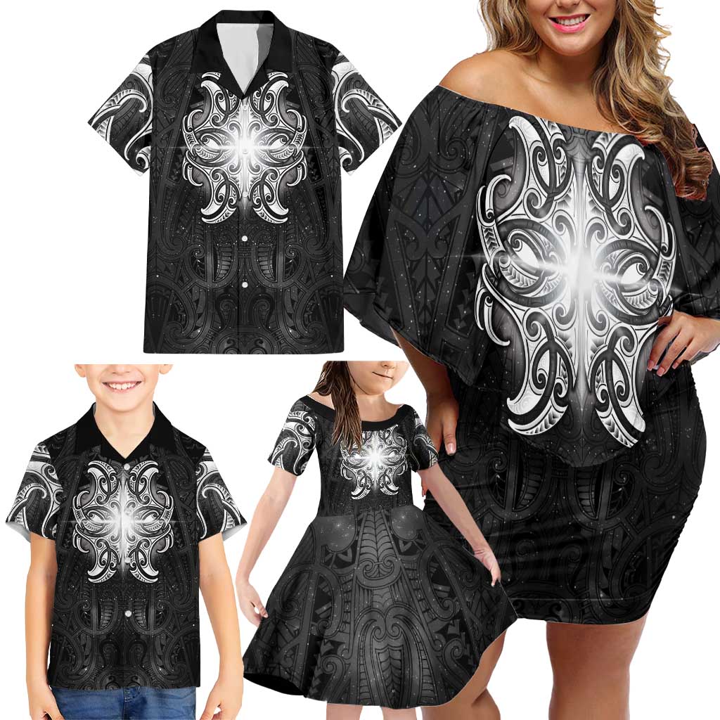 New Zealand Matariki Family Matching Off Shoulder Short Dress and Hawaiian Shirt Maori Moko Black Galaxy LT05 - Polynesian Pride