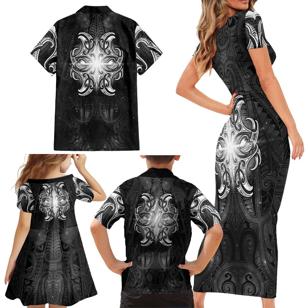 New Zealand Matariki Family Matching Short Sleeve Bodycon Dress and Hawaiian Shirt Maori Moko Black Galaxy LT05 - Polynesian Pride