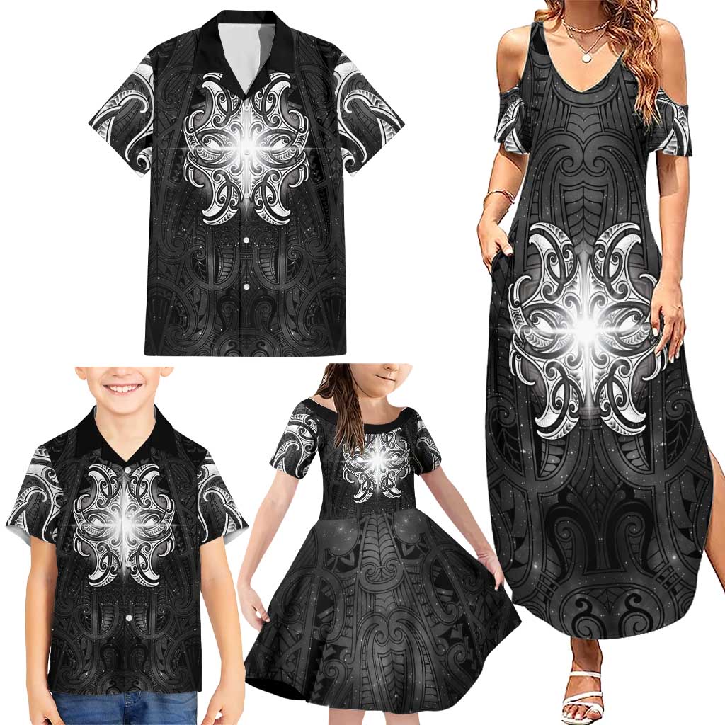 New Zealand Matariki Family Matching Summer Maxi Dress and Hawaiian Shirt Maori Moko Black Galaxy LT05 - Polynesian Pride