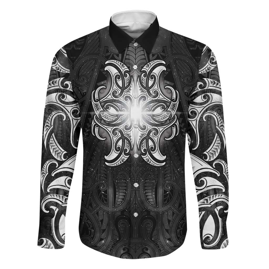 New Zealand Matariki Family Matching Summer Maxi Dress and Hawaiian Shirt Maori Moko Black Galaxy LT05 Dad's Shirt - Long Sleeve Black - Polynesian Pride