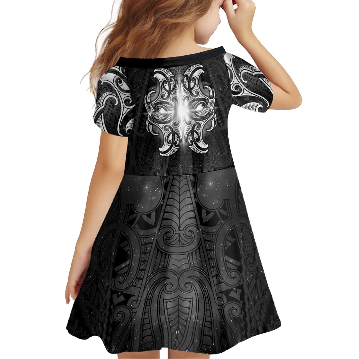 New Zealand Matariki Kid Short Sleeve Dress Maori Moko Black Galaxy LT05 - Polynesian Pride