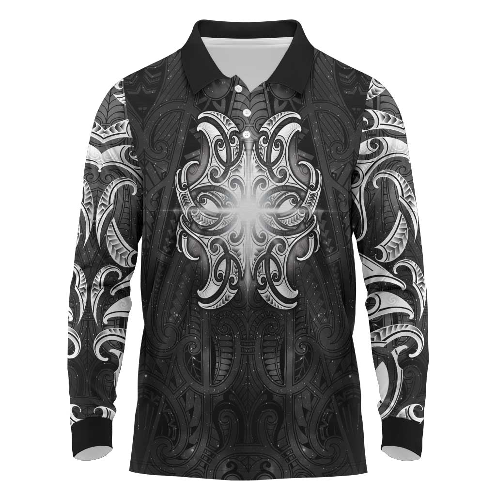New Zealand Matariki Long Sleeve Polo Shirt Maori Moko Black Galaxy LT05 Black - Polynesian Pride