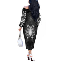 New Zealand Matariki Off The Shoulder Long Sleeve Dress Maori Moko Black Galaxy LT05 - Polynesian Pride