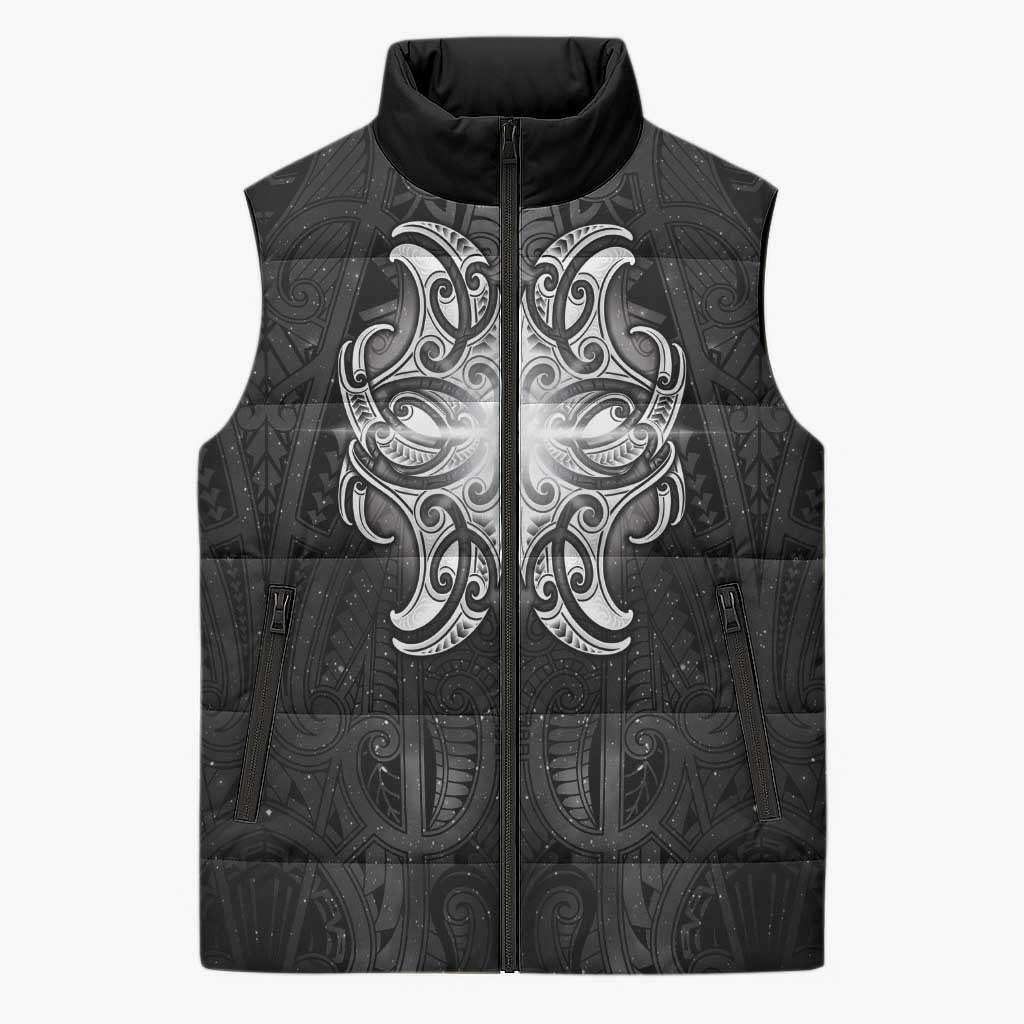 New Zealand Matariki Sleeveless Puffer Jacket Maori Moko Black Galaxy LT05 Unisex Black - Polynesian Pride