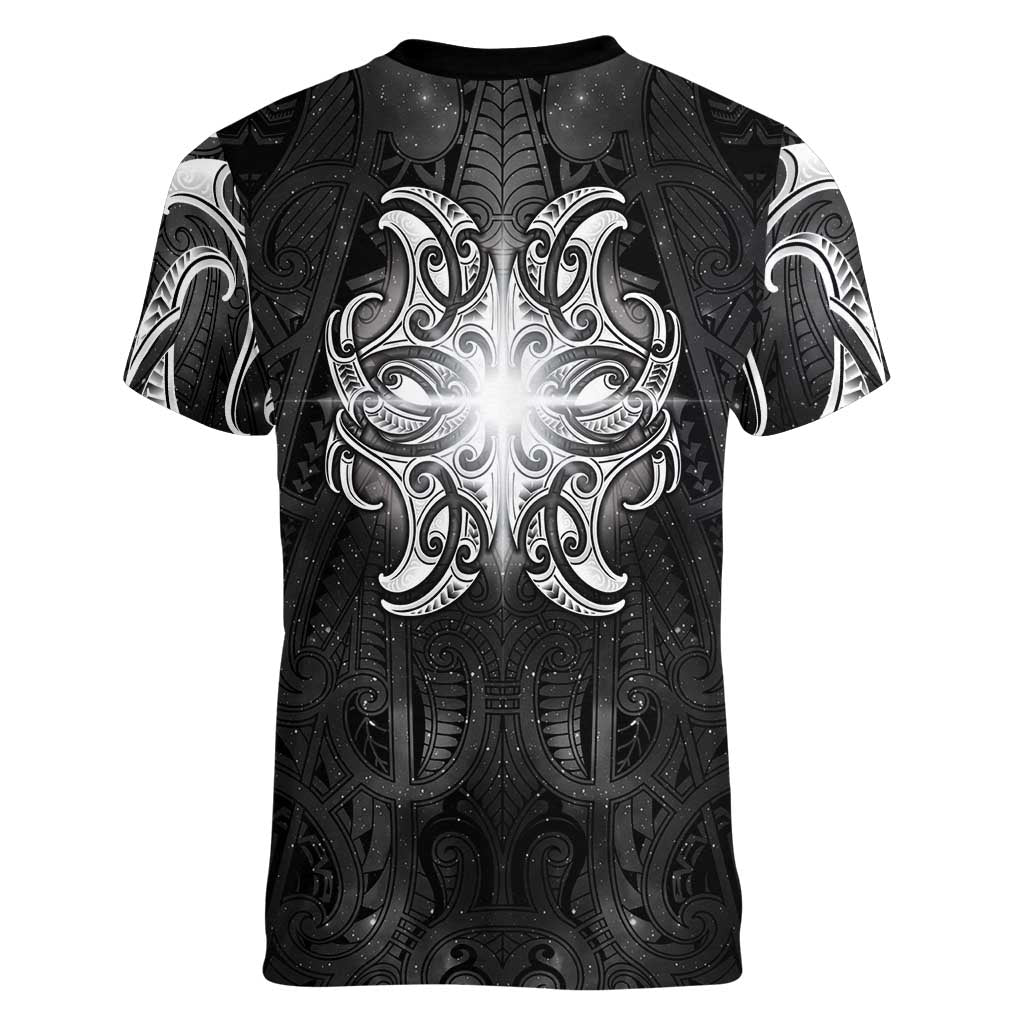 New Zealand Matariki Women V-Neck T-Shirt Maori Moko Black Galaxy LT05 - Polynesian Pride
