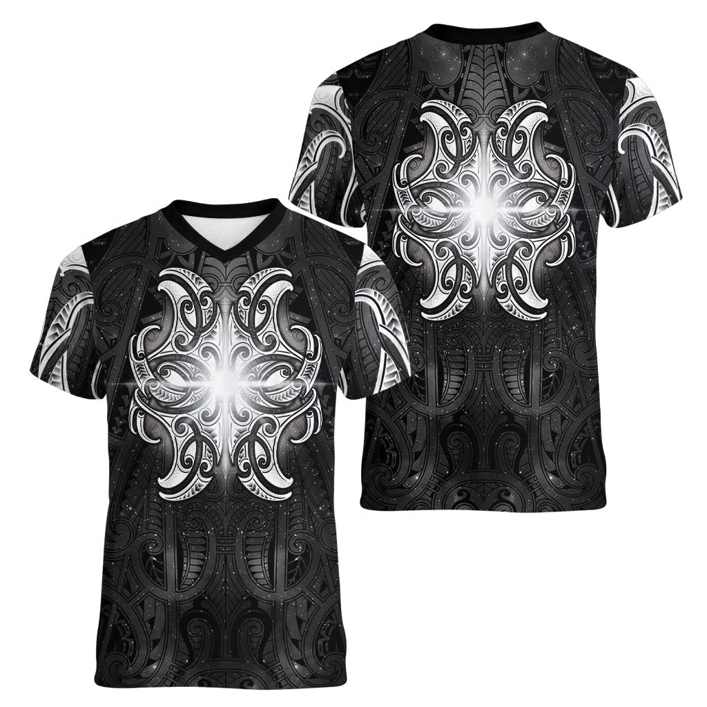 New Zealand Matariki Women V-Neck T-Shirt Maori Moko Black Galaxy LT05 - Polynesian Pride